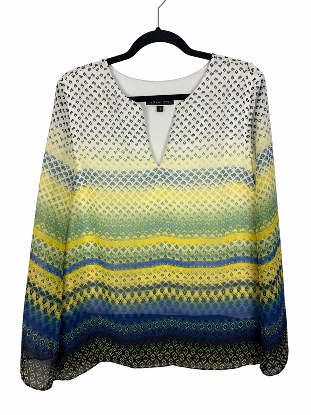 Melanie Lyne Sheer Geometric Ombre Blouse Size 6 Blue Yellow Long Sleeve
